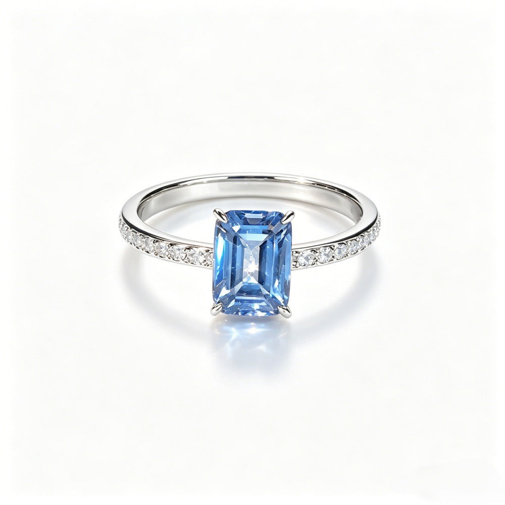 S925 Sterling Silver Aquamarine Ring | Emerald Cut | 4-Prong Minimalist