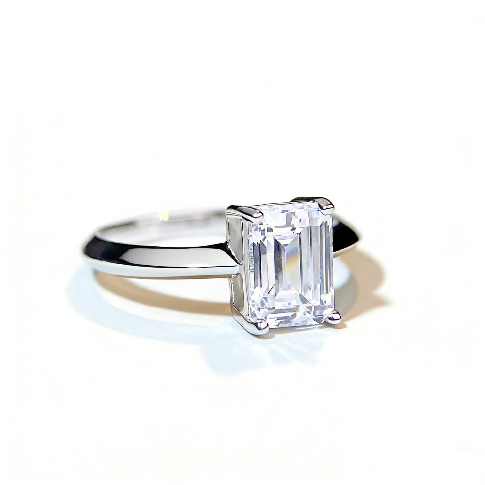 S925 Sterling Silver High Carbon Diamond Ring | Emerald Cut 2ct | Four-Prong Minimalist
